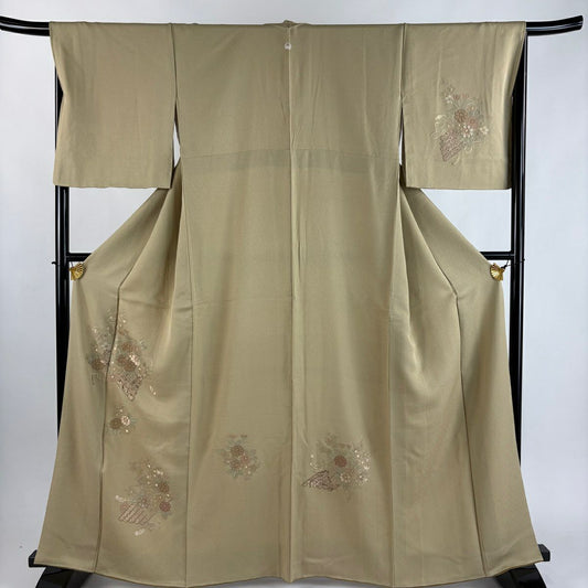 付下 身長164cm 袖長67cm M 雙層 花筏 刺繡 金線 灰綠 純蠶絲 秀品級 一個紋