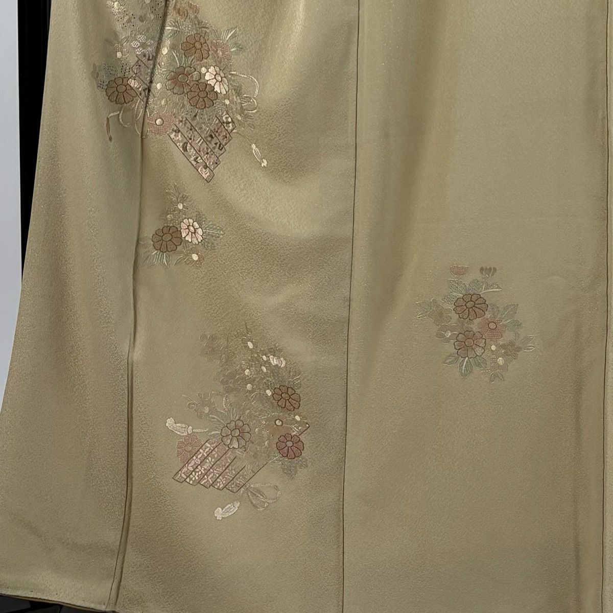 付下 身長164cm 袖長67cm M 雙層 花筏 刺繡 金線 灰綠 純蠶絲 秀品級 一個紋