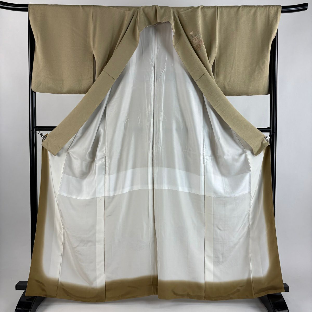 付下 身長164cm 袖長67cm M 雙層 花筏 刺繡 金線 灰綠 純蠶絲 秀品級 一個紋