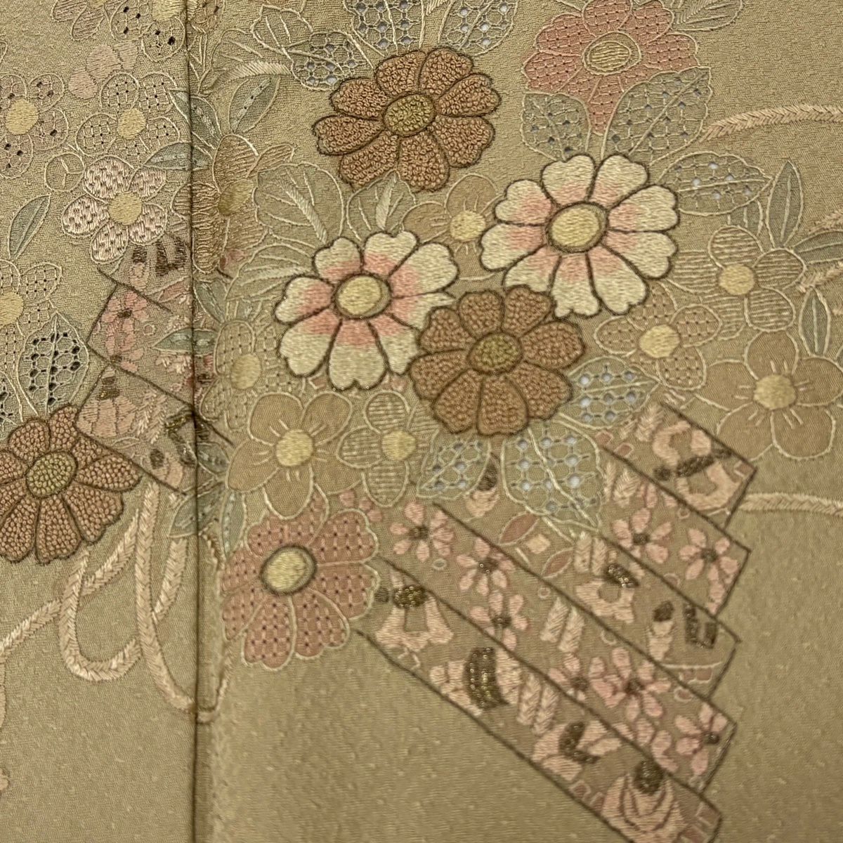 付下 身長164cm 袖長67cm M 雙層 花筏 刺繡 金線 灰綠 純蠶絲 秀品級 一個紋