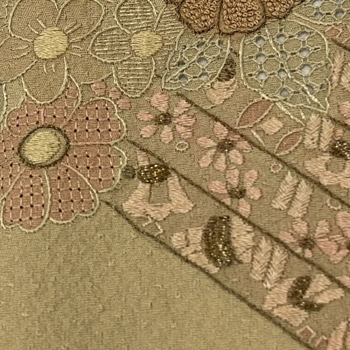付下 身長164cm 袖長67cm M 雙層 花筏 刺繡 金線 灰綠 純蠶絲 秀品級 一個紋