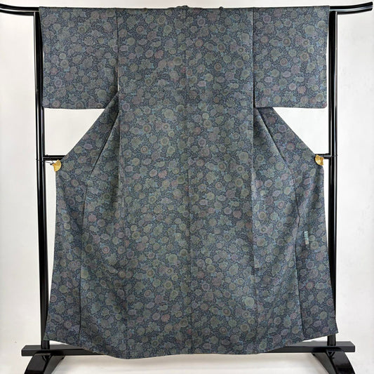 江戶小紋 身長159cm 袖長63cm S 雙層 今坂國雄 落款 菊花唐草紋 深藍 純蠶絲 秀品級