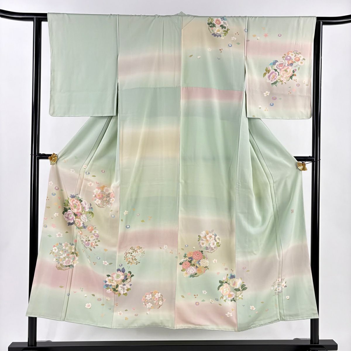訪問服 身長150.5cm 袖長62cm S 雙層 落款 花丸紋 金銀彩 漸層 淺綠 純蠶絲 優品級