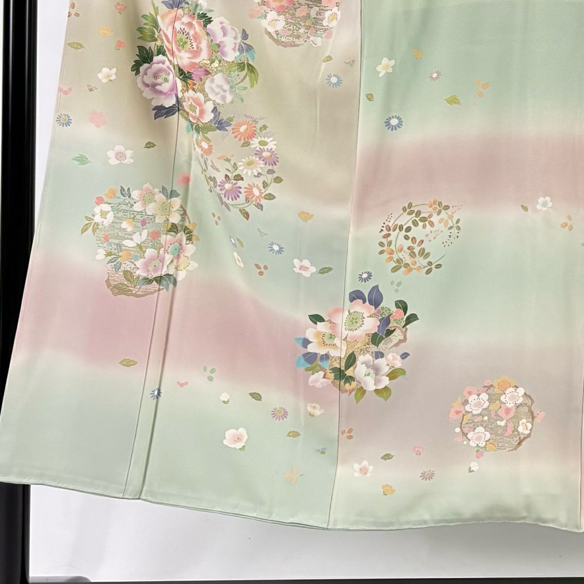 訪問服 身長150.5cm 袖長62cm S 雙層 落款 花丸紋 金銀彩 漸層 淺綠 純蠶絲 優品級