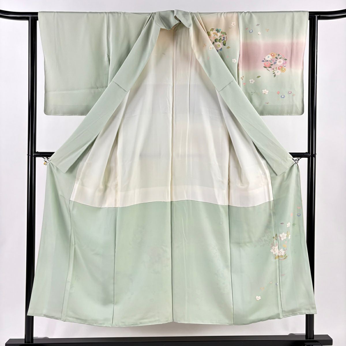 訪問服 身長150.5cm 袖長62cm S 雙層 落款 花丸紋 金銀彩 漸層 淺綠 純蠶絲 優品級