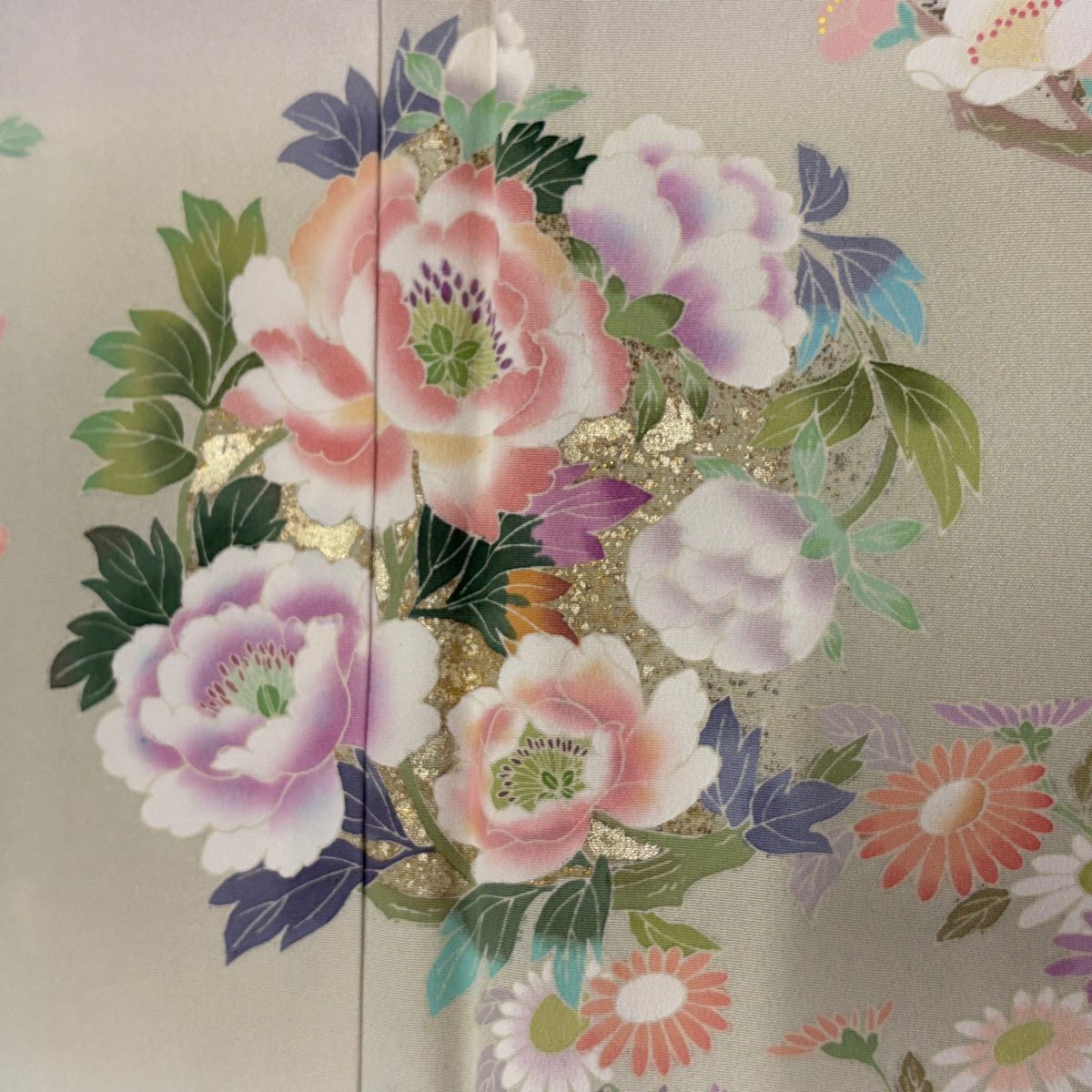 訪問服 身長150.5cm 袖長62cm S 雙層 落款 花丸紋 金銀彩 漸層 淺綠 純蠶絲 優品級