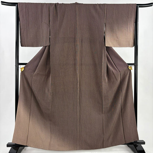 付下 身長163cm 袖長64cm M 雙層 縞紋 漸層 茶 純蠶絲 優品級