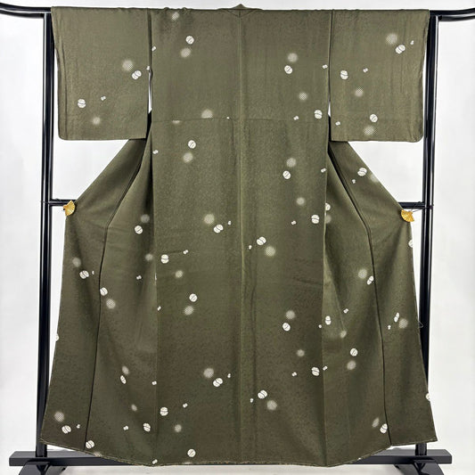 【美品】 小紋 身長157.5cm 袖長64cm M 雙層 蹴鞠花 漸層 茶綠 純蠶絲 秀品級