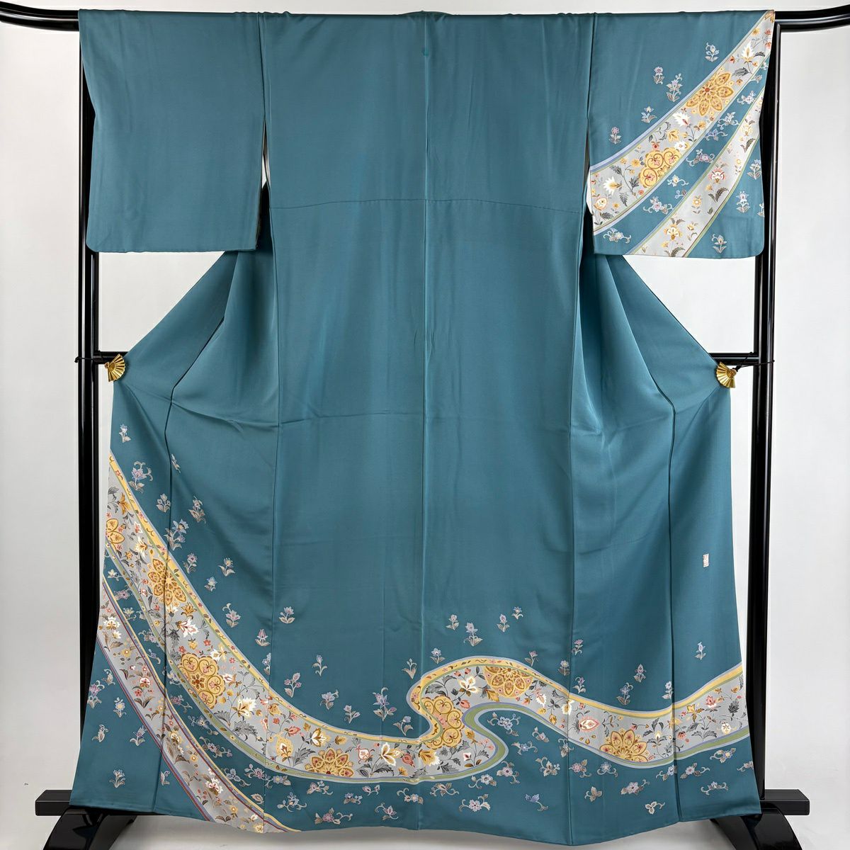 付下 身長161.5cm 袖長66cm M 雙層 落款 華紋 草花紋紋 青綠 純蠶絲 秀品級 一つ紋