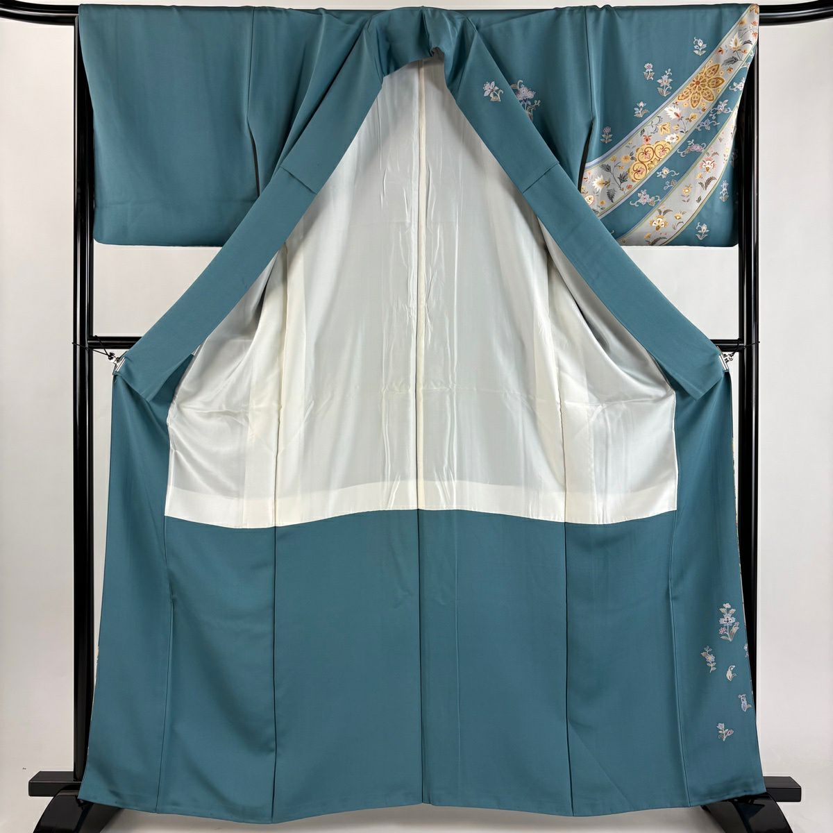 付下 身長161.5cm 袖長66cm M 雙層 落款 華紋 草花紋紋 青綠 純蠶絲 秀品級 一つ紋