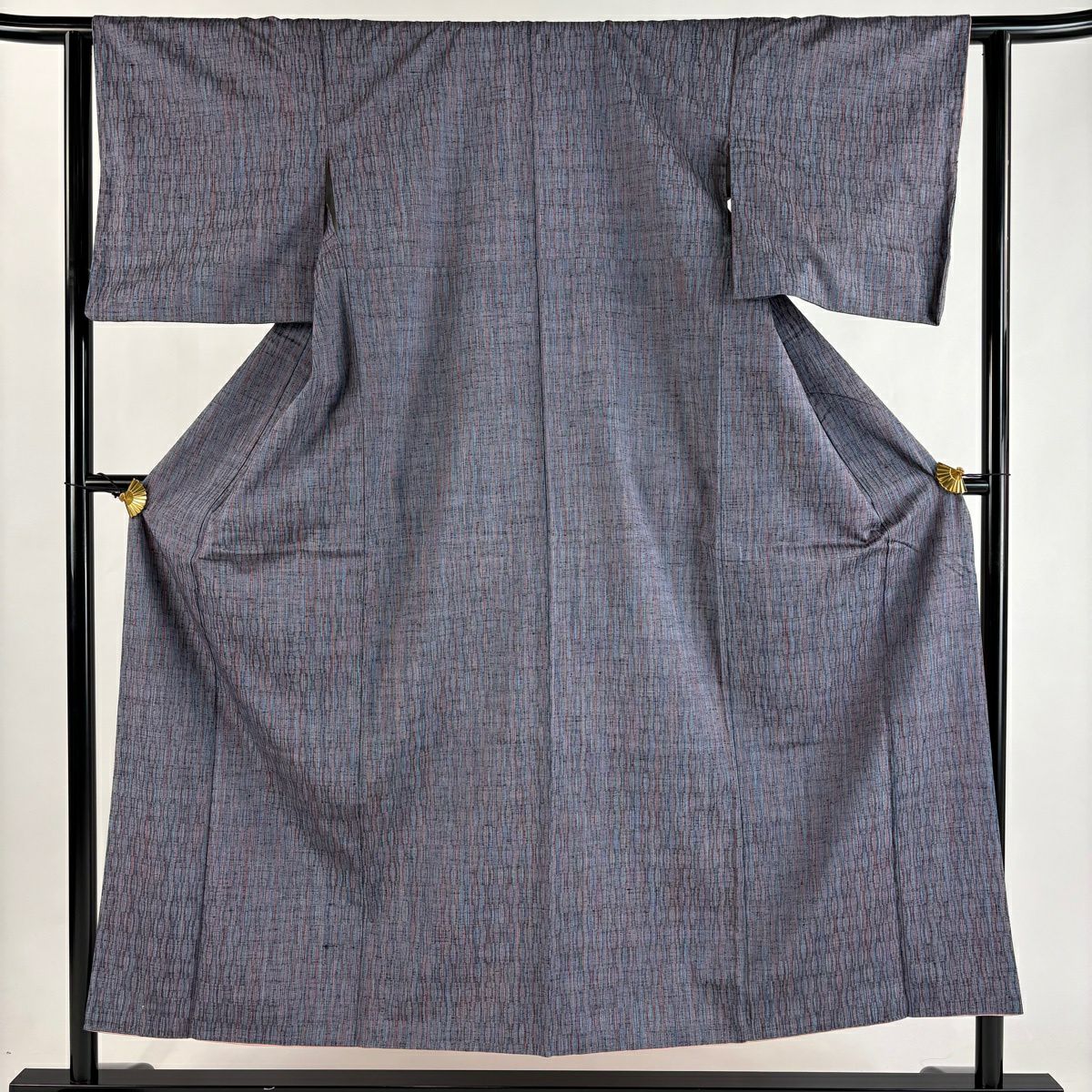 【美品】 紬織 身長152.5cm 袖長62cm S 雙層 嵯峨野紬織 垂直條紋 灰紫 純蠶絲 秀品級