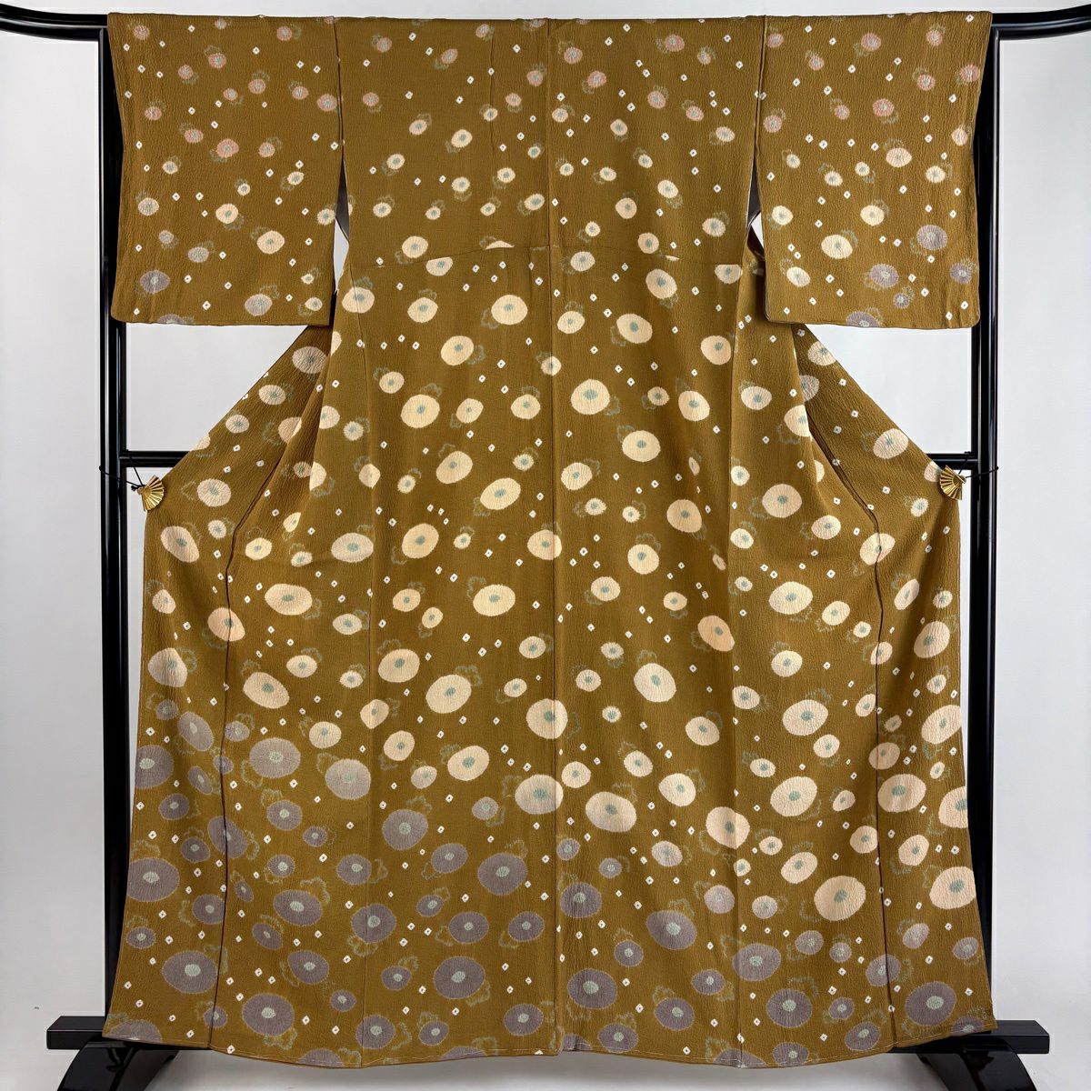 【美品】 付下 身長161cm 袖長65.5cm M 雙層 草花紋紋 絞染 黃土 純蠶絲 秀品級