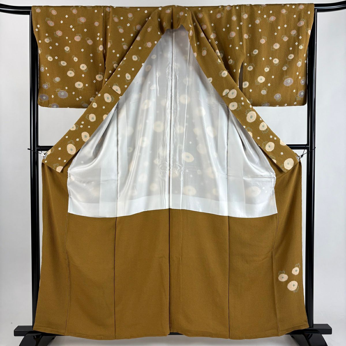 【美品】 付下 身長161cm 袖長65.5cm M 雙層 草花紋紋 絞染 黃土 純蠶絲 秀品級