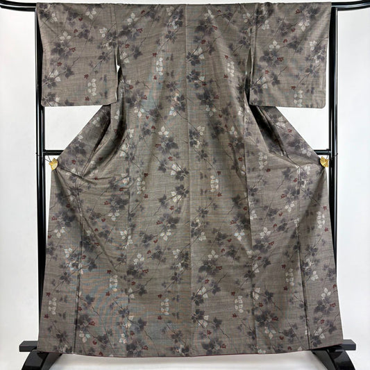 【美品】 大島紬織 身長164cm 袖長65.5cm M 雙層 純泥染 證書あり 枝花 灰茶 純蠶絲 秀品級