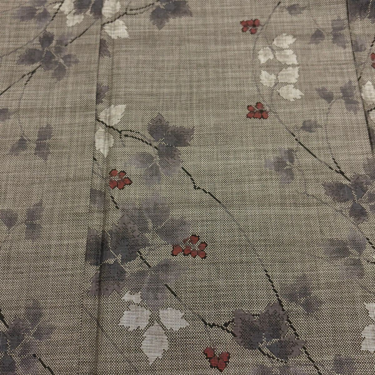 【美品】 大島紬織 身長164cm 袖長65.5cm M 雙層 純泥染 證書あり 枝花 灰茶 純蠶絲 秀品級