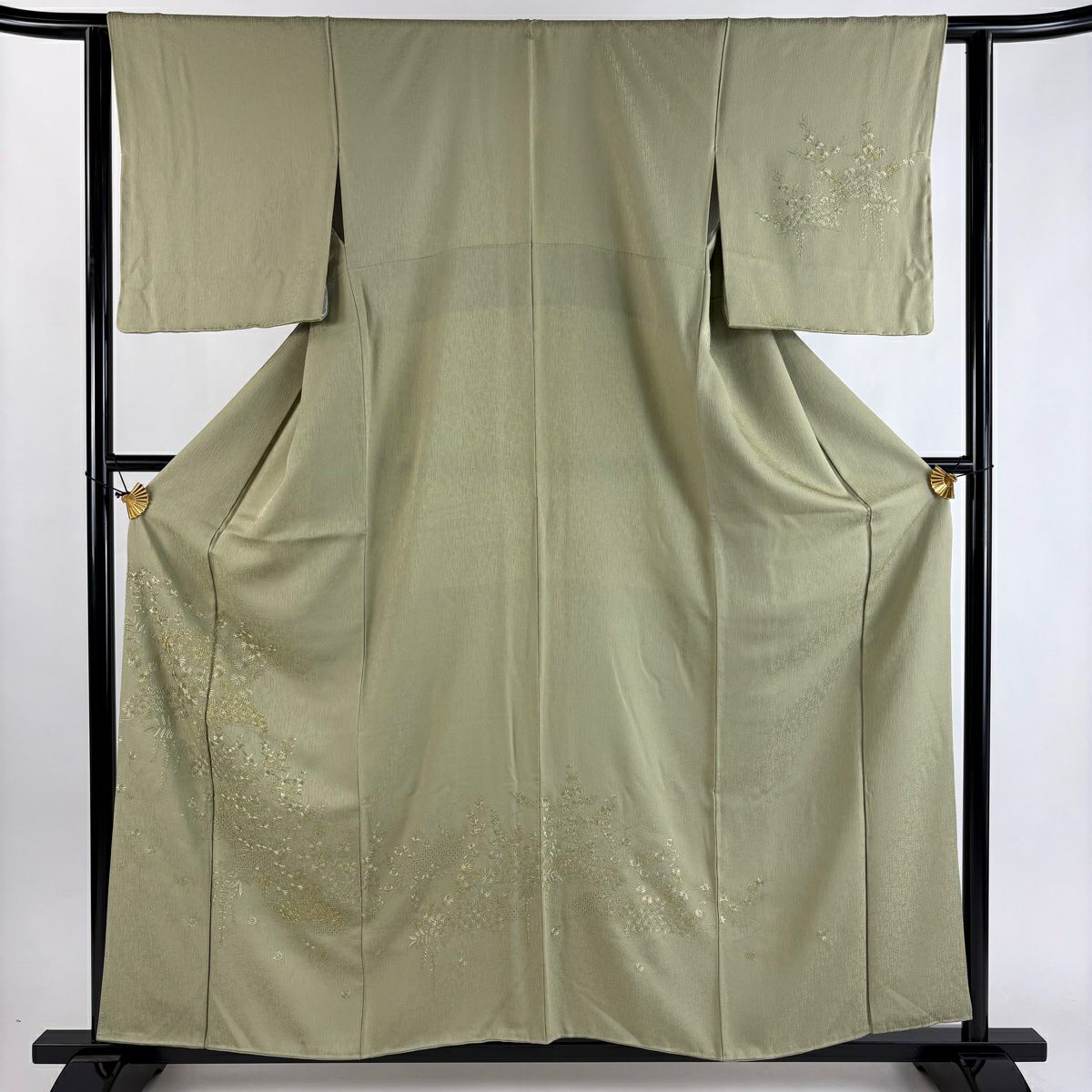 【美品】 付下 身長159.5cm 袖長62cm S 雙層 松樹梅花 菊花 刺繡 金線 灰綠 純蠶絲 秀品級 一個紋