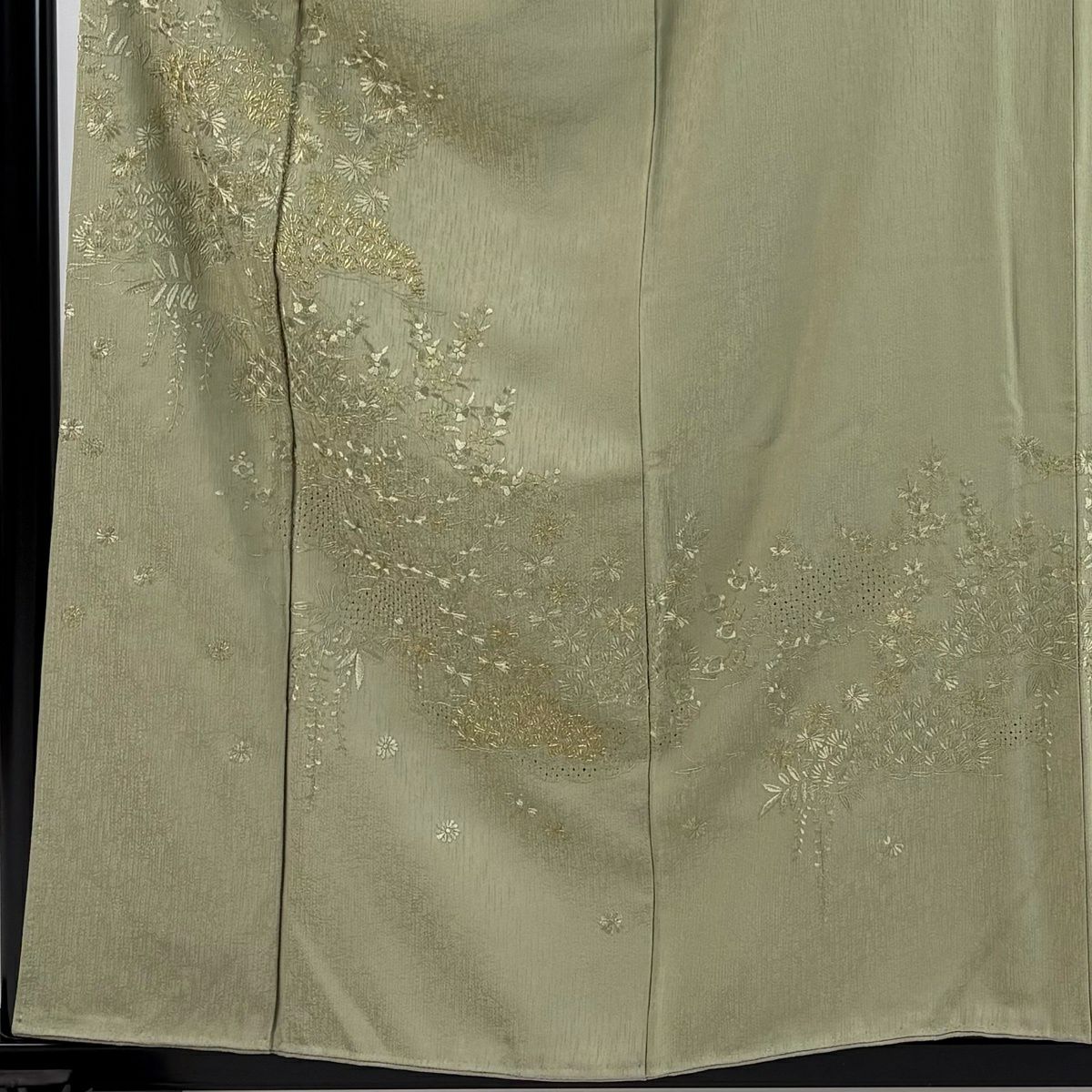 【美品】 付下 身長159.5cm 袖長62cm S 雙層 松樹梅花 菊花 刺繡 金線 灰綠 純蠶絲 秀品級 一個紋