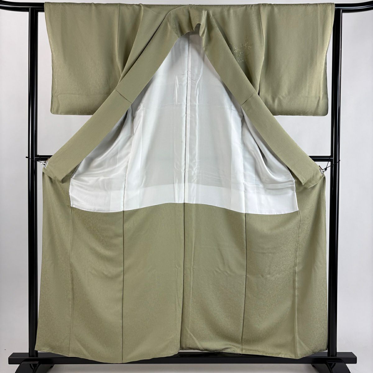 【美品】 付下 身長159.5cm 袖長62cm S 雙層 松樹梅花 菊花 刺繡 金線 灰綠 純蠶絲 秀品級 一個紋
