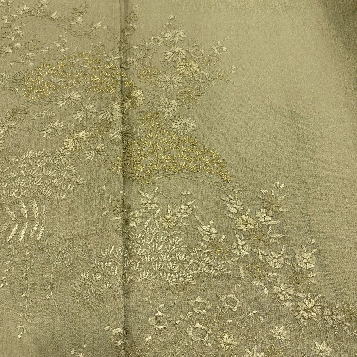 【美品】 付下 身長159.5cm 袖長62cm S 雙層 松樹梅花 菊花 刺繡 金線 灰綠 純蠶絲 秀品級 一個紋
