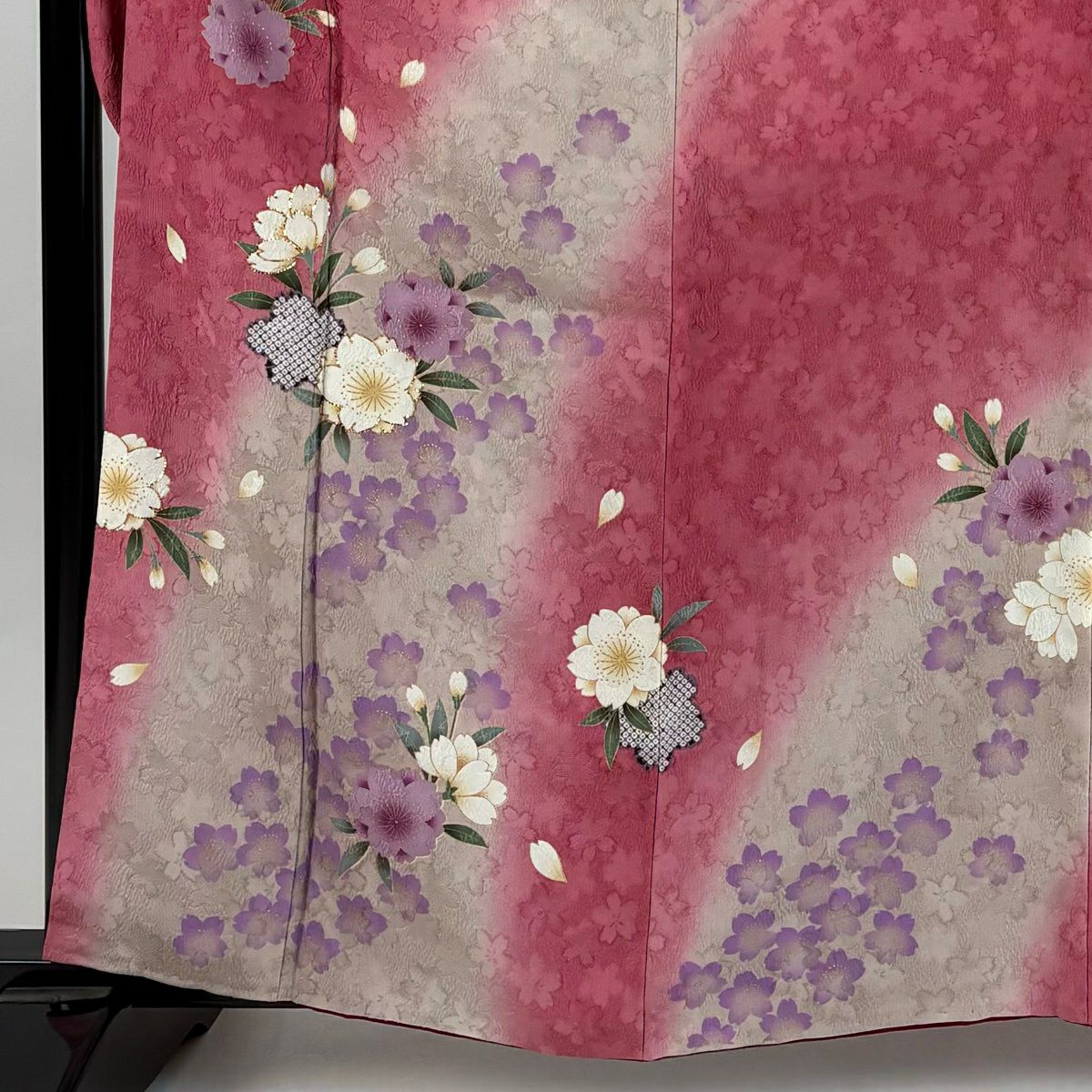 【美品】振袖禮服 身長162cm 袖長67cm M 雙層 櫻花花瓣 金金箔 金銀彩 粉色 純蠶絲 秀品級