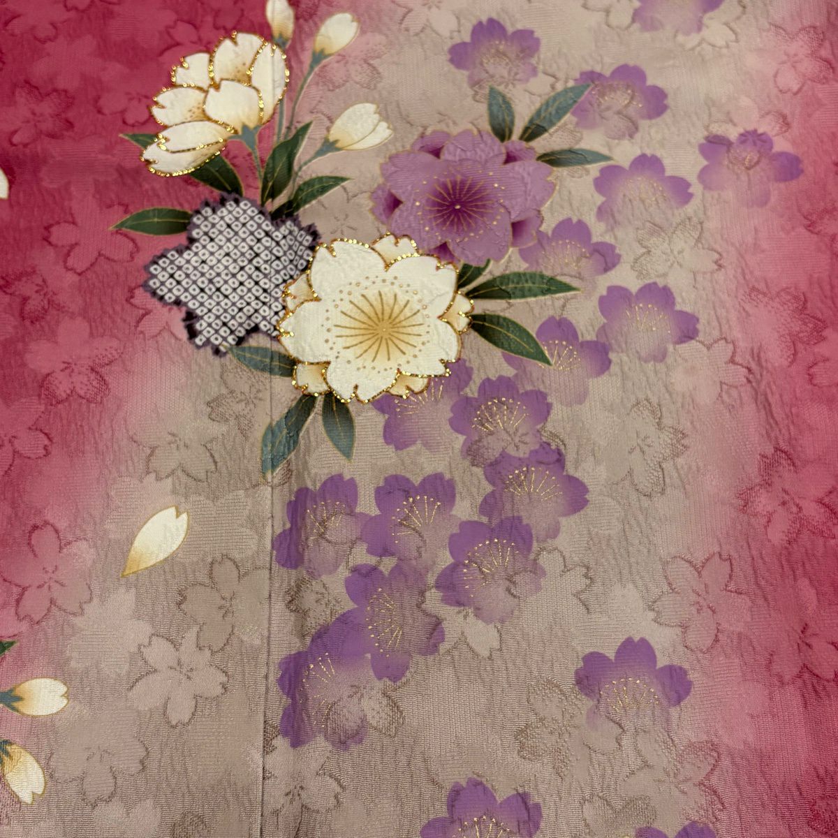 【美品】振袖禮服 身長162cm 袖長67cm M 雙層 櫻花花瓣 金金箔 金銀彩 粉色 純蠶絲 秀品級