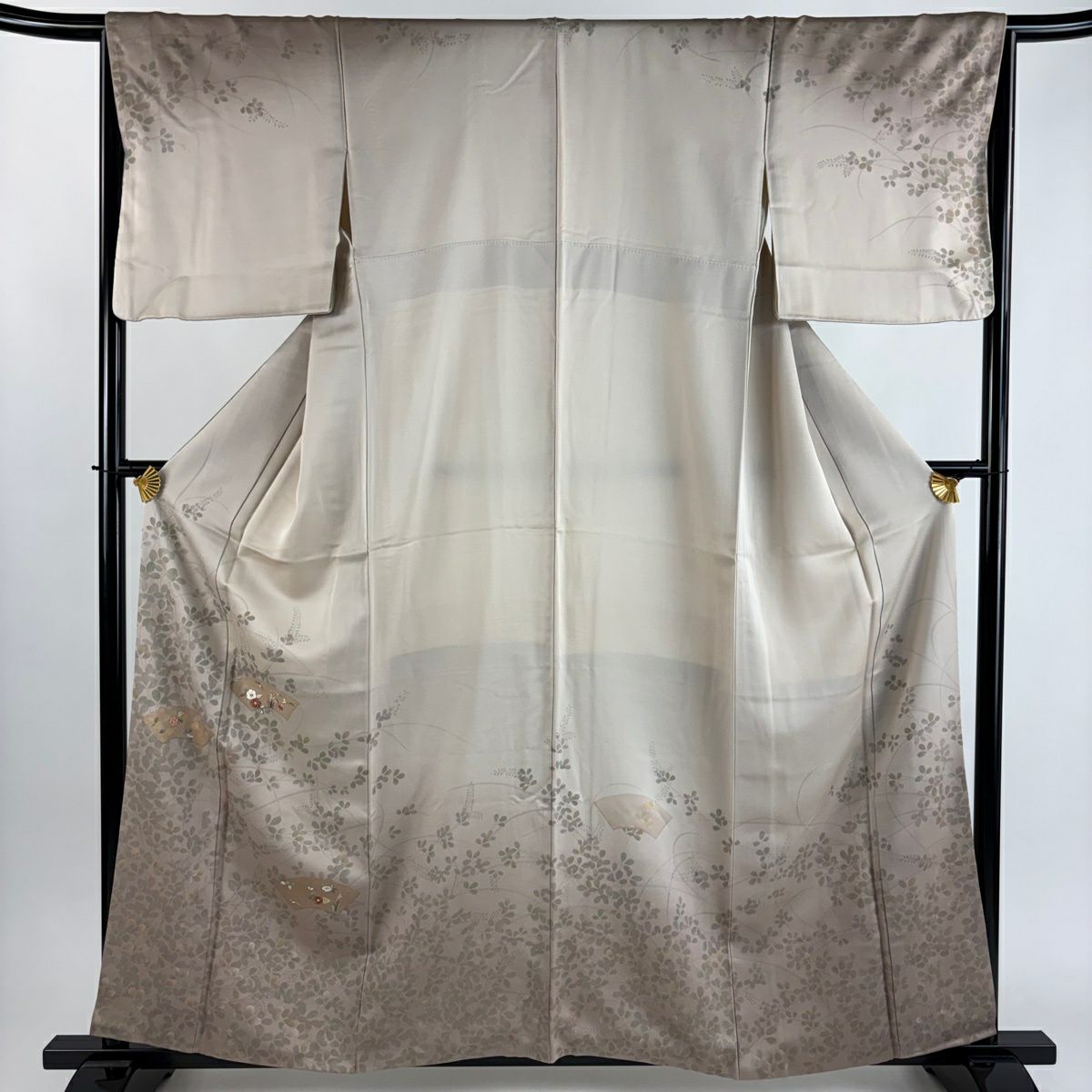 訪問服 身長160cm 袖長65.5cm M 雙層 扇子面 萩 刺繡 金糸 薄小豆 純蠶絲 秀品級