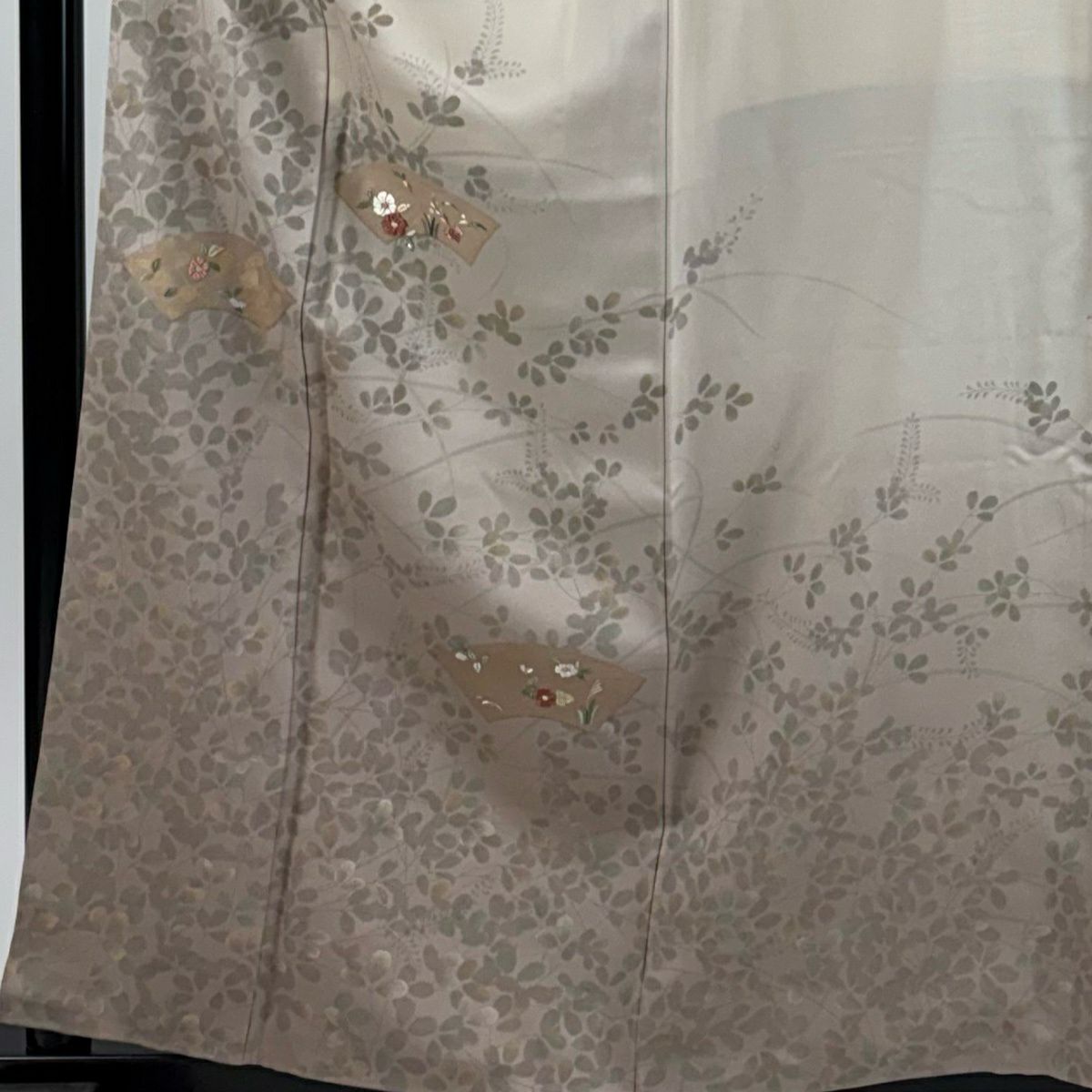 訪問服 身長160cm 袖長65.5cm M 雙層 扇子面 萩 刺繡 金糸 薄小豆 純蠶絲 秀品級