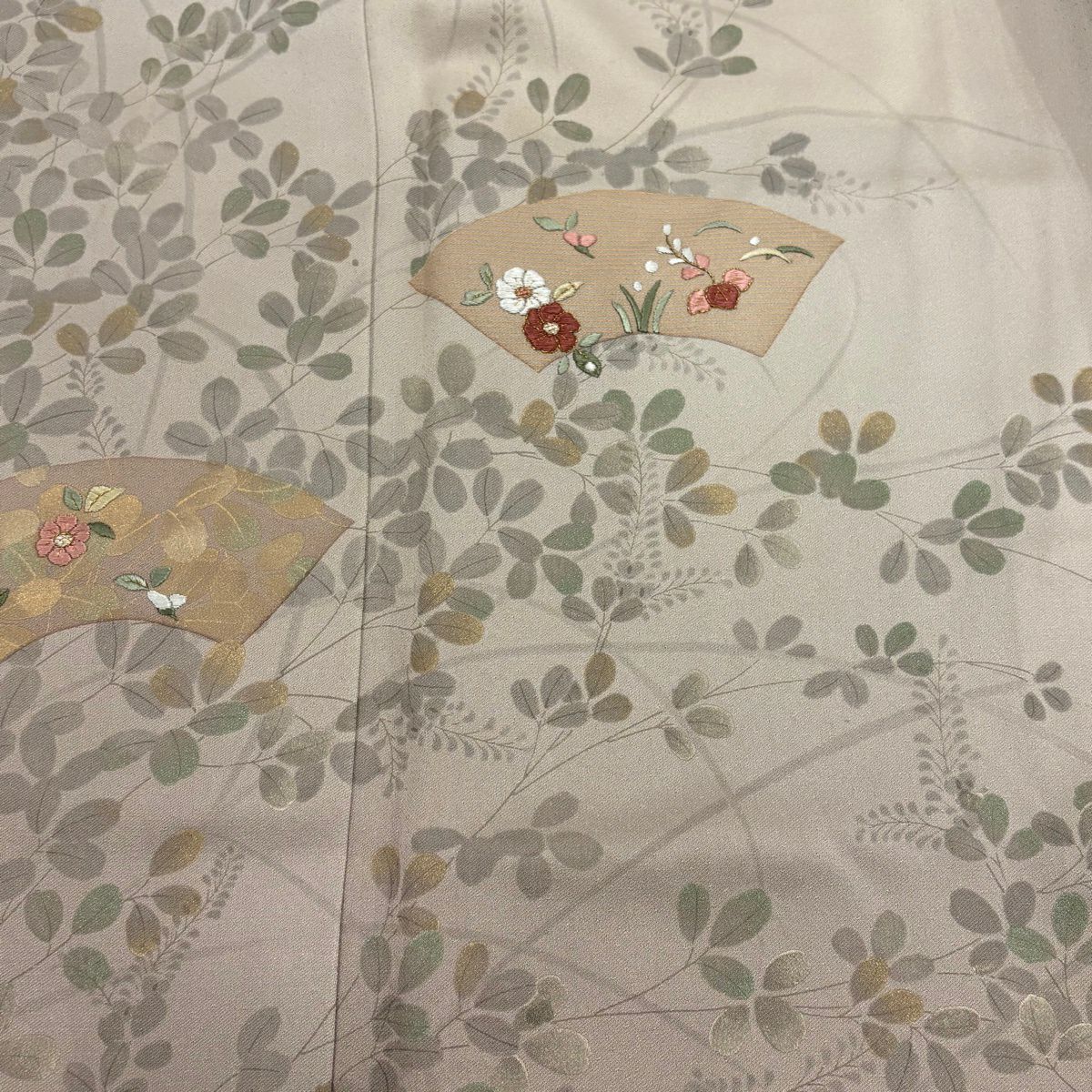訪問服 身長160cm 袖長65.5cm M 雙層 扇子面 萩 刺繡 金糸 薄小豆 純蠶絲 秀品級
