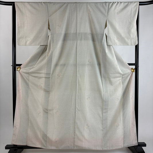 【美品】 紬織 身長163cm 袖長66cm M 雙層 草花紋幾何圖案 灰白 純蠶絲 優品級
