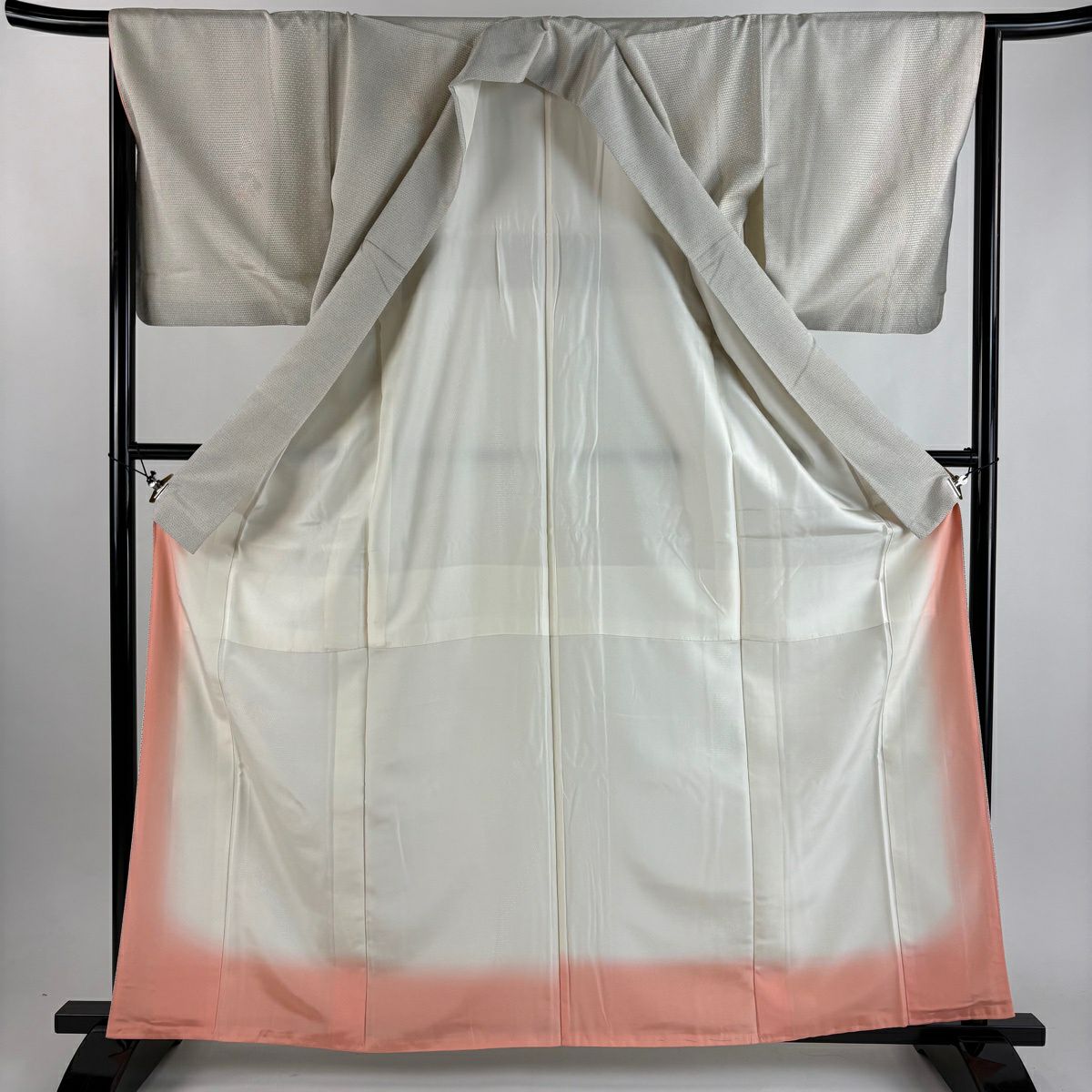 【美品】 紬織 身長163cm 袖長66cm M 雙層 草花紋幾何圖案 灰白 純蠶絲 優品級
