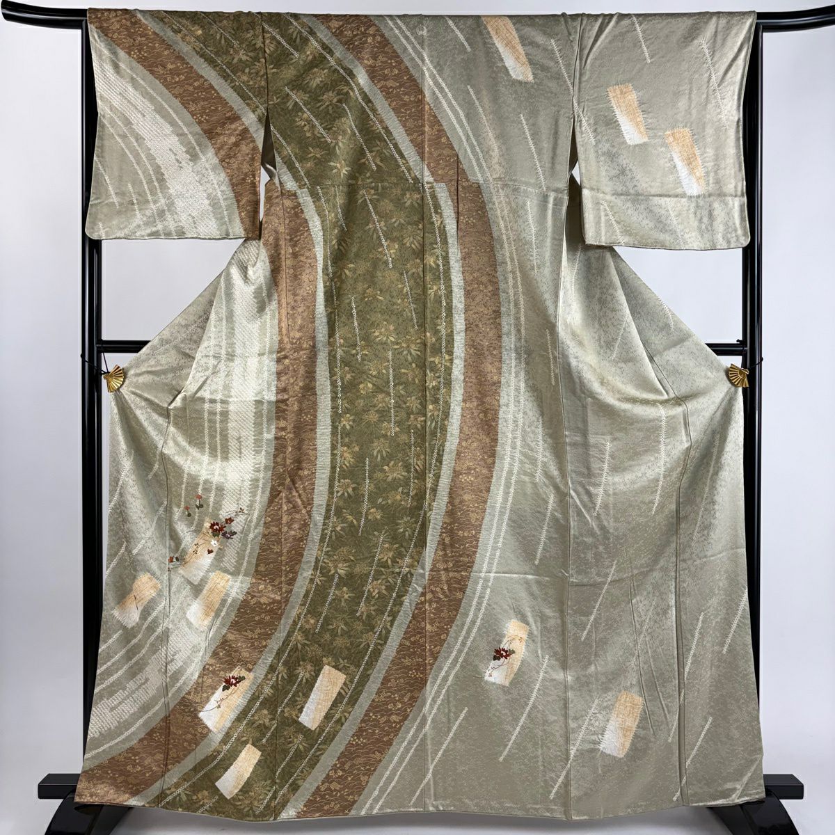 訪問服 身長162.5cm 袖長66cm M 雙層 菊花 短冊 刺繡 絞染 灰綠 純蠶絲 秀品級 一つ紋