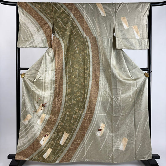 訪問服 身長162.5cm 袖長66cm M 雙層 菊花 短冊 刺繡 絞染 灰綠 純蠶絲 秀品級 一つ紋