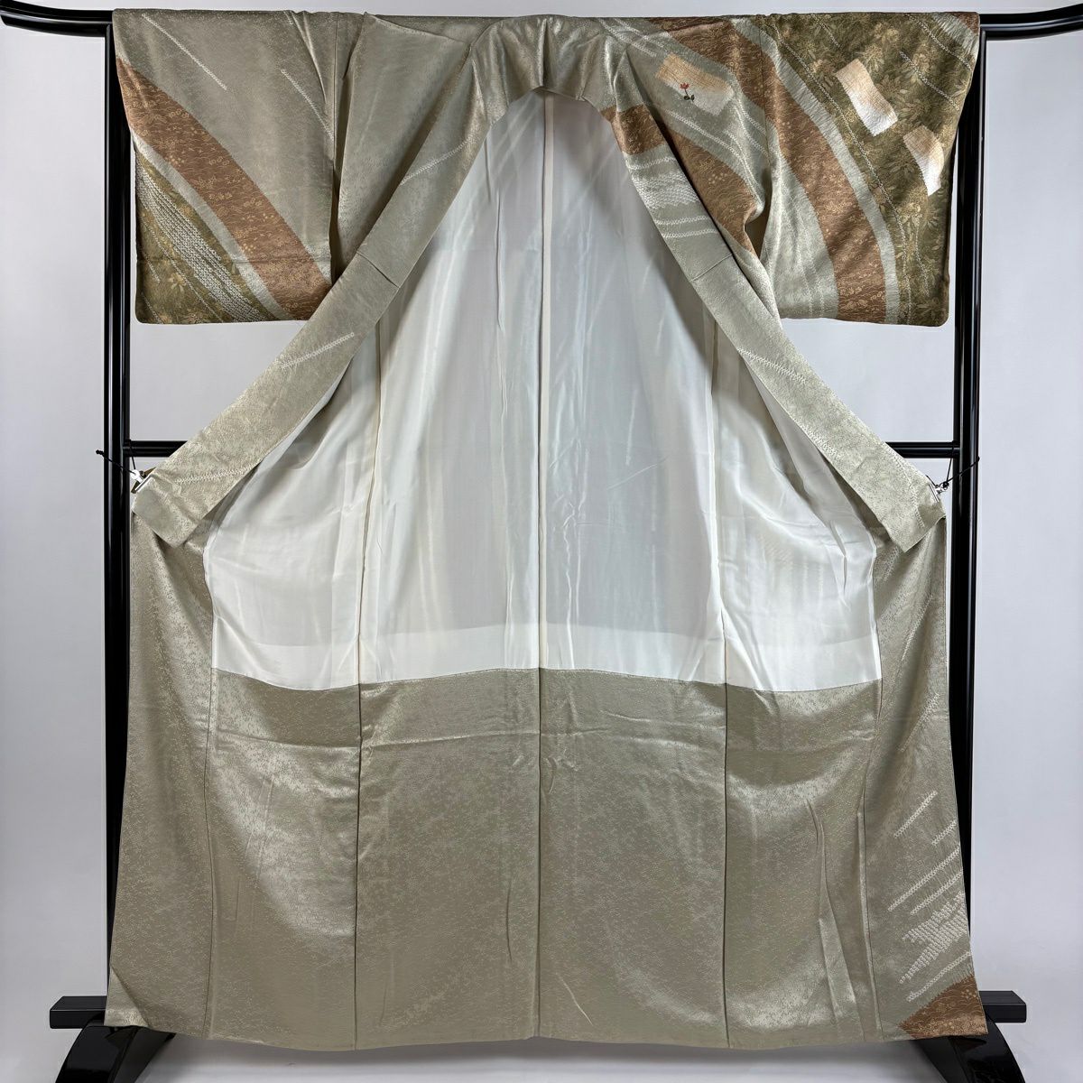 訪問服 身長162.5cm 袖長66cm M 雙層 菊花 短冊 刺繡 絞染 灰綠 純蠶絲 秀品級 一つ紋