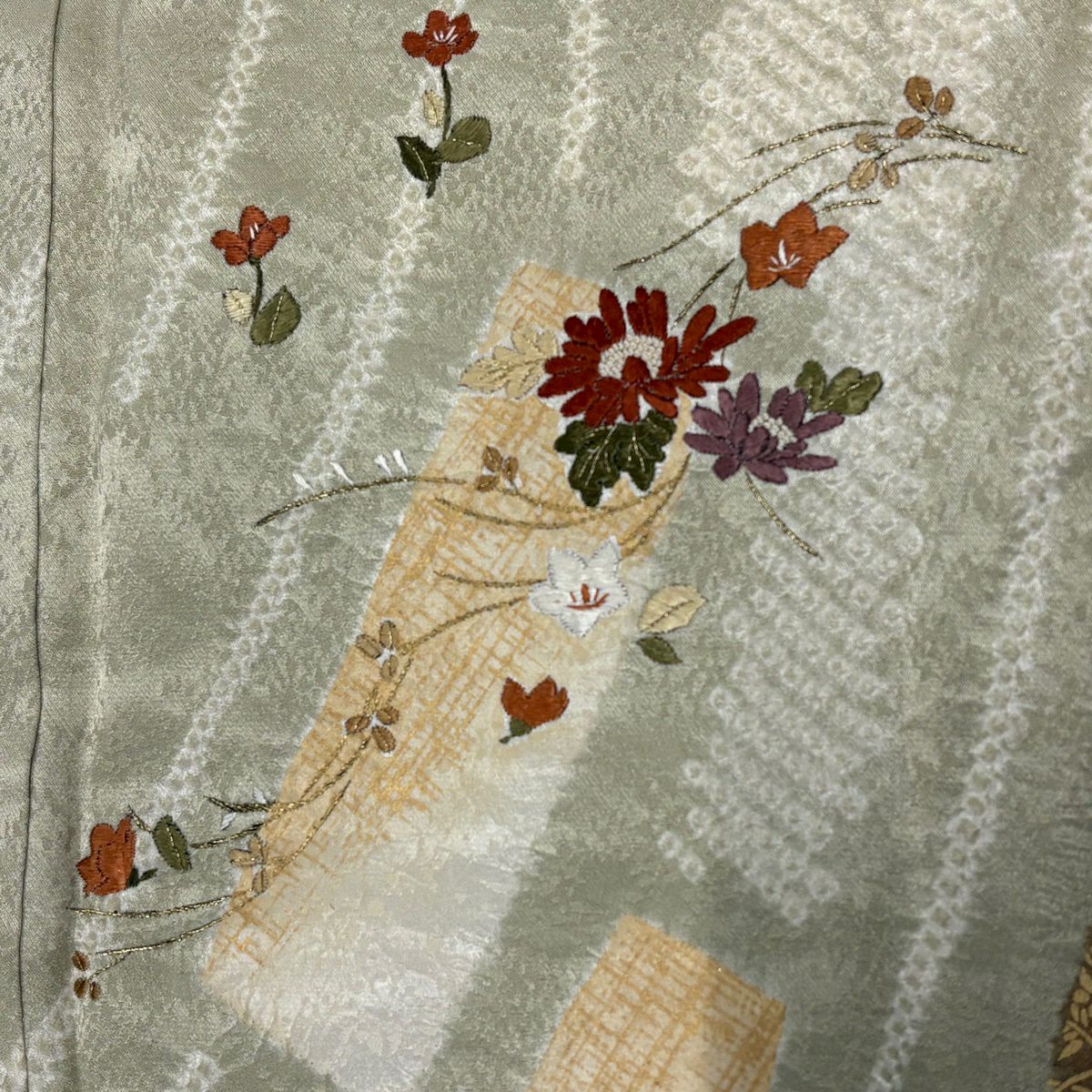 訪問服 身長162.5cm 袖長66cm M 雙層 菊花 短冊 刺繡 絞染 灰綠 純蠶絲 秀品級 一つ紋