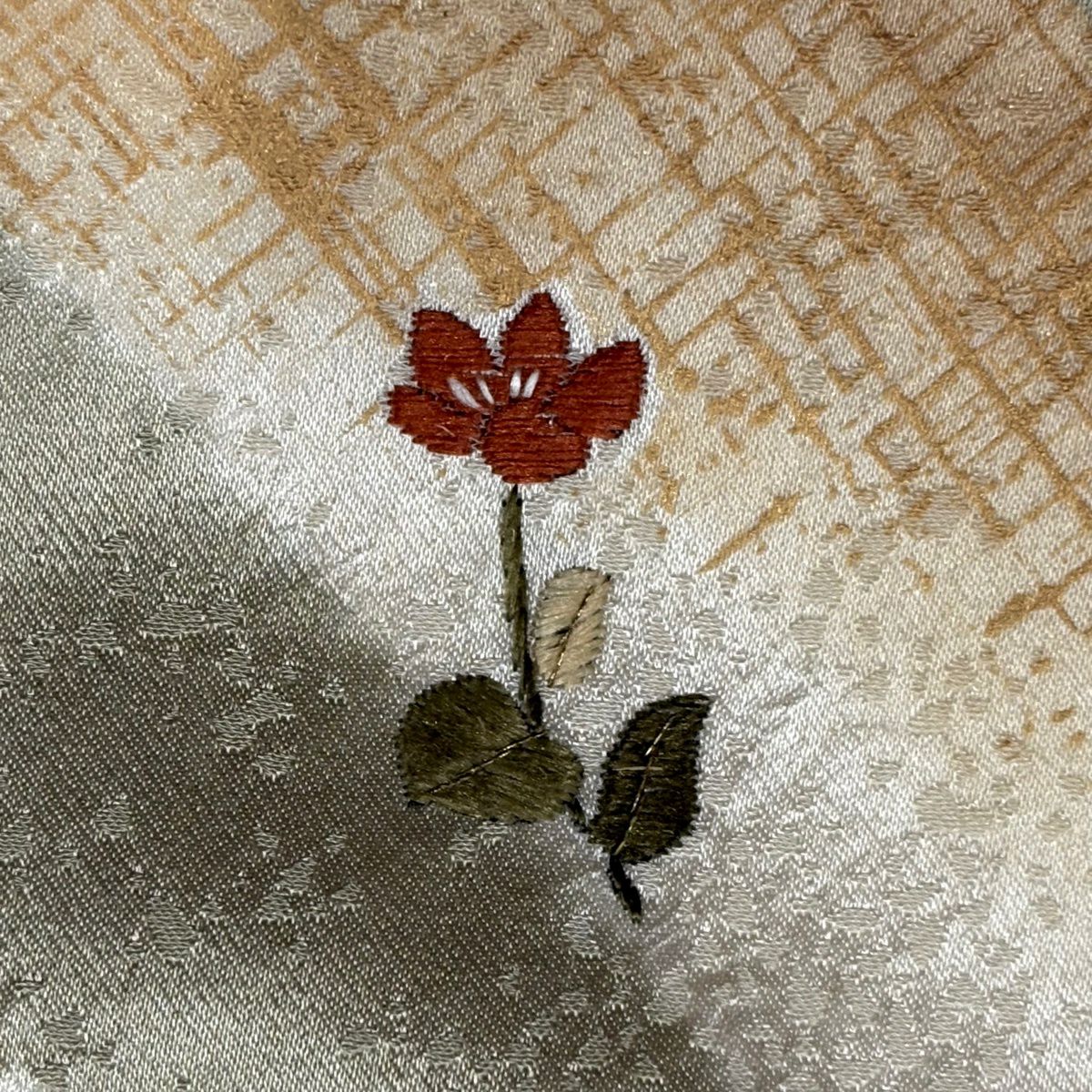 訪問服 身長162.5cm 袖長66cm M 雙層 菊花 短冊 刺繡 絞染 灰綠 純蠶絲 秀品級 一つ紋