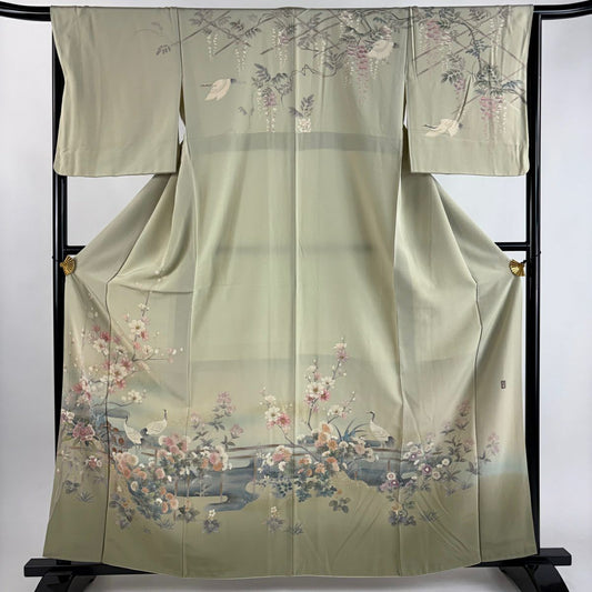 訪問服 身長161cm 袖長66.5cm M 雙層 落款有 枝花 仙鶴 金銀彩 漸層 灰綠 純蠶絲 優品級