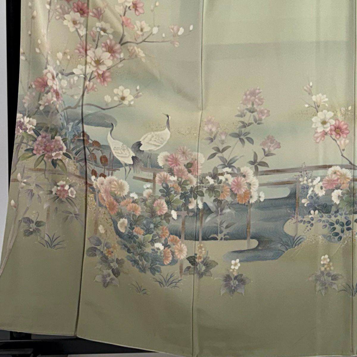 訪問服 身長161cm 袖長66.5cm M 雙層 落款有 枝花 仙鶴 金銀彩 漸層 灰綠 純蠶絲 優品級