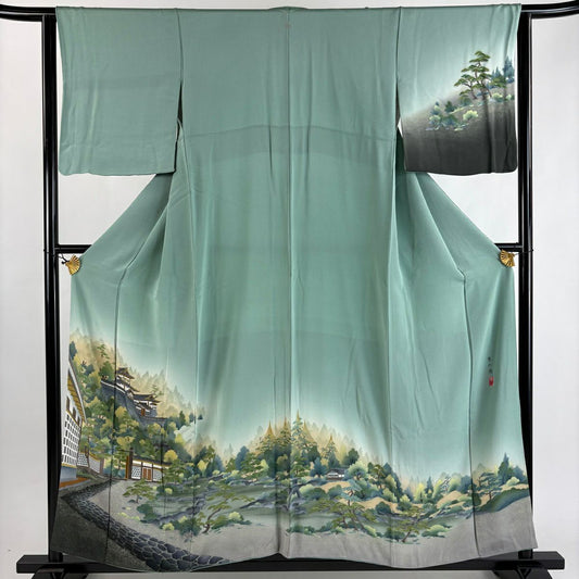 付下 身長156.5cm 袖長63.5cm S 雙層 落款あり 兼六園 建物 薄綠 純蠶絲 秀品級 一つ紋