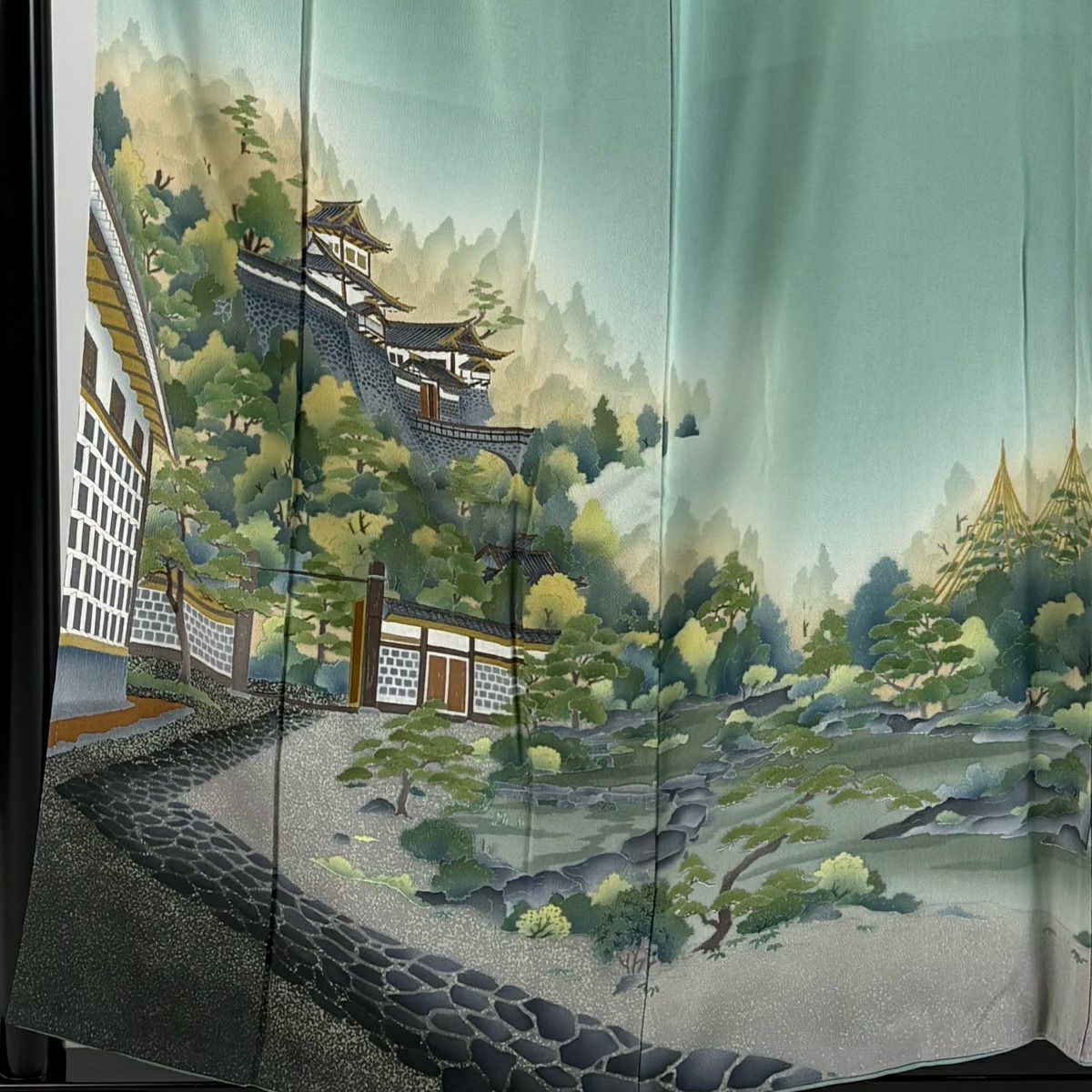 付下 身長156.5cm 袖長63.5cm S 雙層 落款あり 兼六園 建物 薄綠 純蠶絲 秀品級 一つ紋