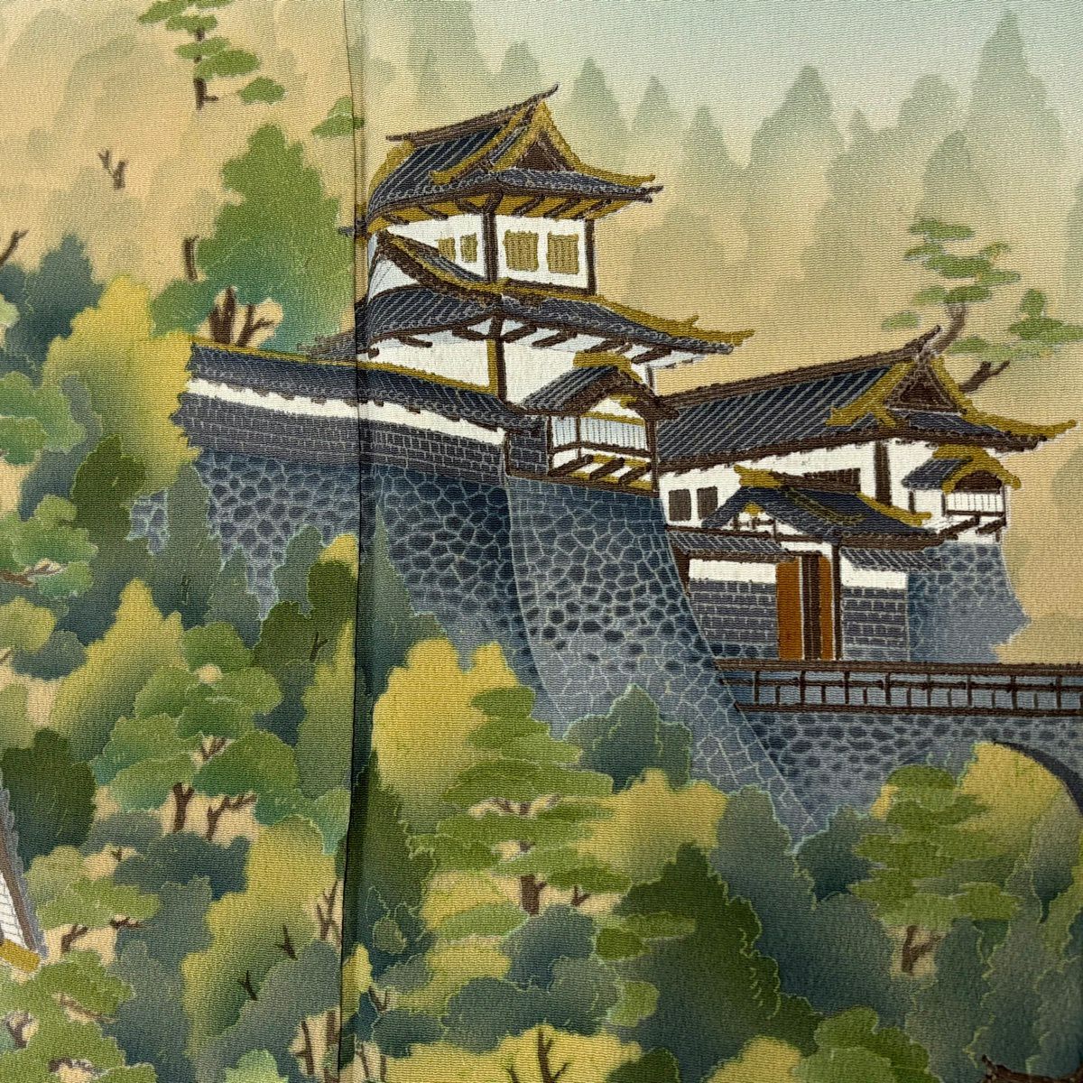 付下 身長156.5cm 袖長63.5cm S 雙層 落款あり 兼六園 建物 薄綠 純蠶絲 秀品級 一つ紋