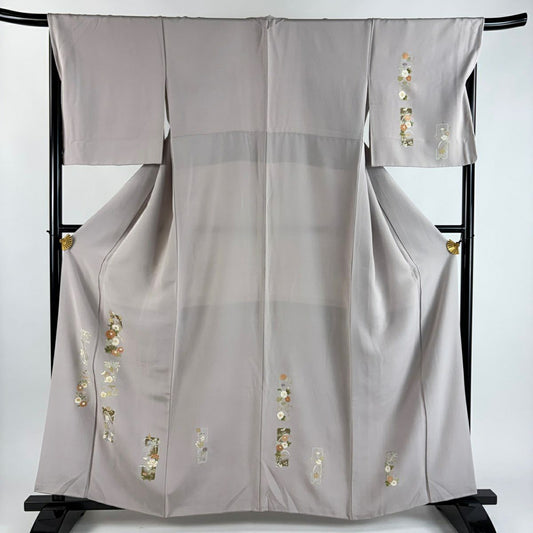 付下 身長161.5cm 袖長68cm L 雙層 短冊 草花紋紋 金彩裝飾 淺小豆色 純蠶絲 優品級