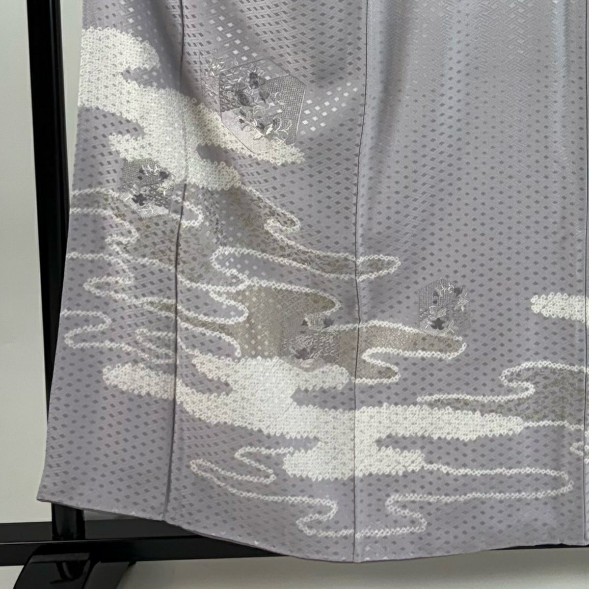 付下 身長158cm 袖長64.5cm M 雙層 龜甲 雲霞 刺繡 金彩裝飾 淺紫 純蠶絲 優品級
