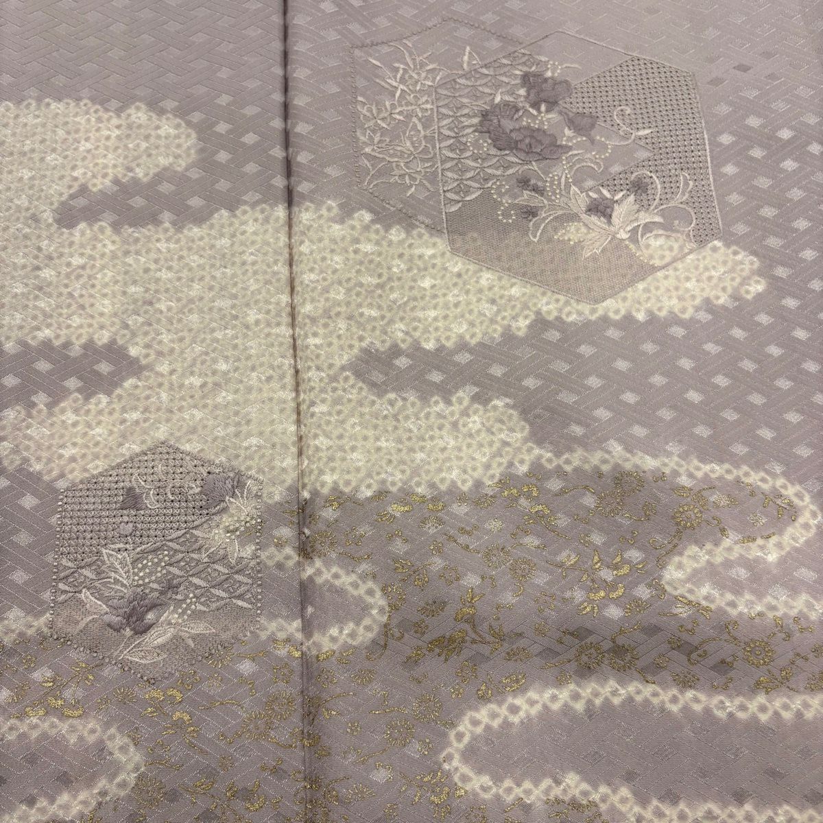 付下 身長158cm 袖長64.5cm M 雙層 龜甲 雲霞 刺繡 金彩裝飾 淺紫 純蠶絲 優品級