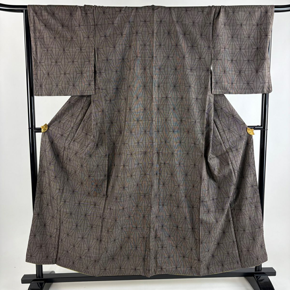 【美品】 紬織 身長156.5cm 袖長67cm M 雙層 麻葉 焦茶 純蠶絲 秀品級