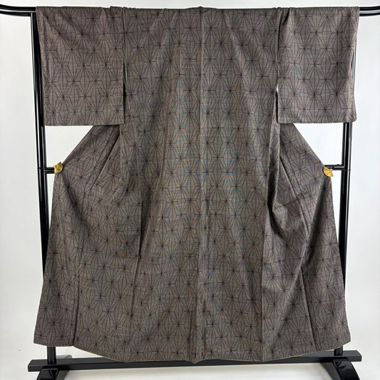 【美品】 紬織 身長156.5cm 袖長67cm M 雙層 麻葉 焦茶 純蠶絲 秀品級