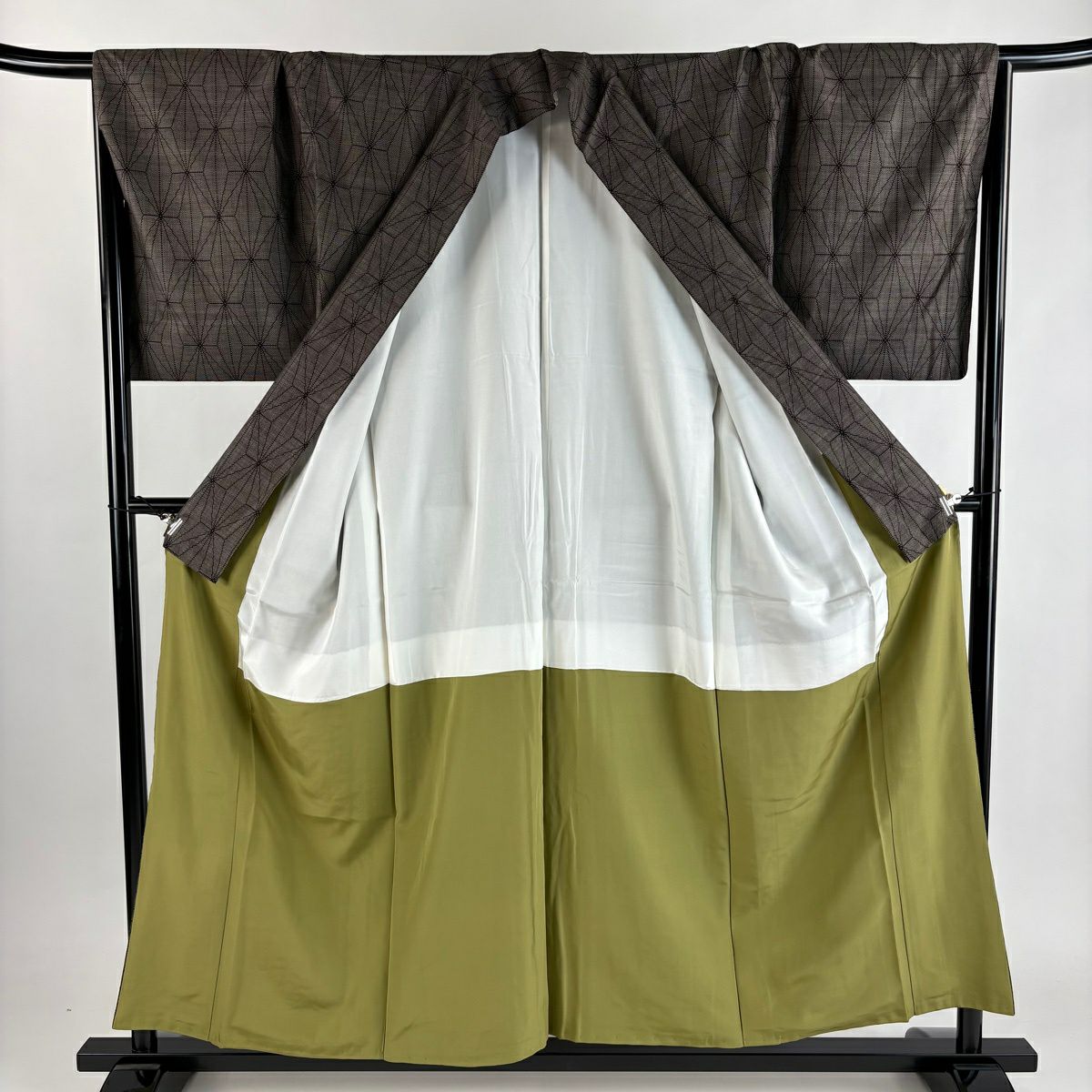 【美品】 紬織 身長156.5cm 袖長67cm M 雙層 麻葉 焦茶 純蠶絲 秀品級