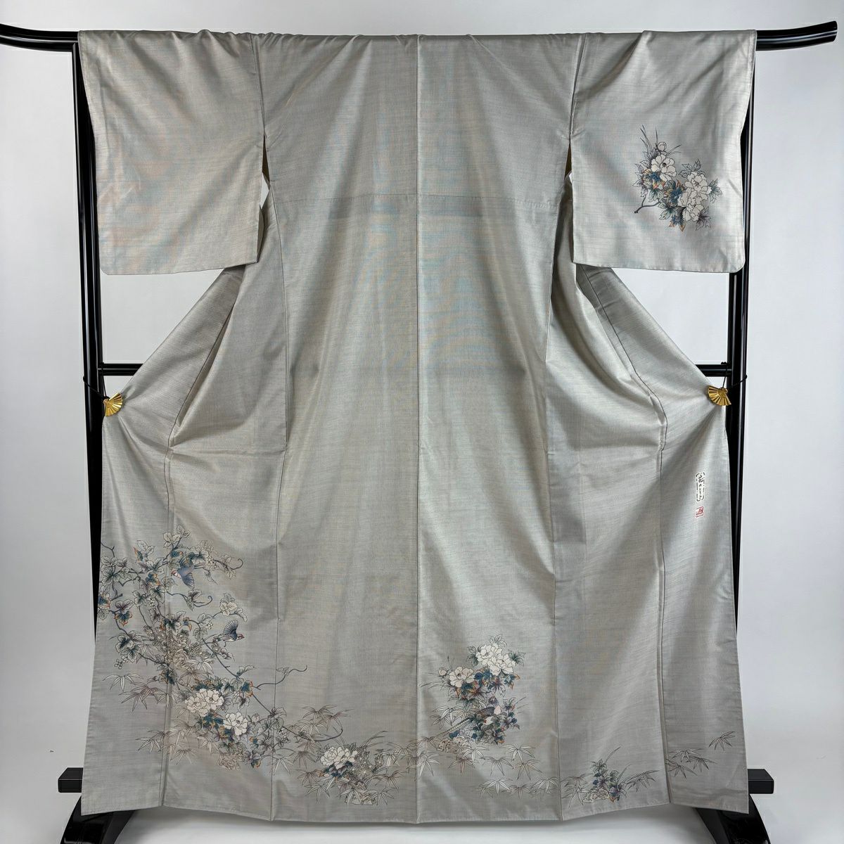 付下 身長167.5cm 袖長66.5cm M 雙層 紬織織 農花染 落款 葡萄 鳥 灰茶 純蠶絲 優品級