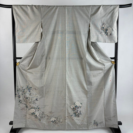 付下 身長167.5cm 袖長66.5cm M 雙層 紬織織 農花染 落款 葡萄 鳥 灰茶 純蠶絲 優品級
