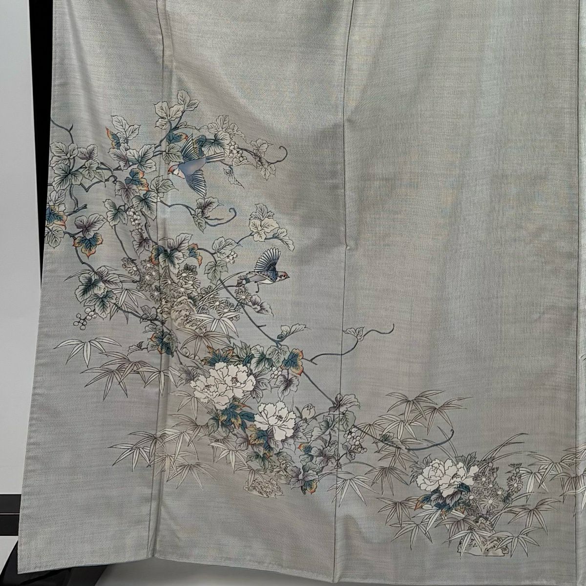 付下 身長167.5cm 袖長66.5cm M 雙層 紬織織 農花染 落款 葡萄 鳥 灰茶 純蠶絲 優品級