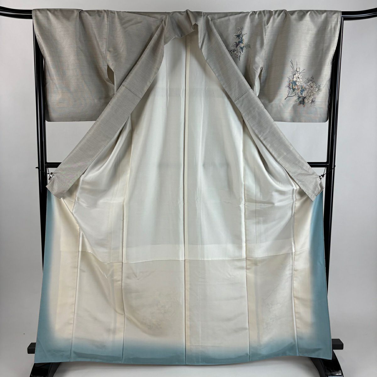 付下 身長167.5cm 袖長66.5cm M 雙層 紬織織 農花染 落款 葡萄 鳥 灰茶 純蠶絲 優品級